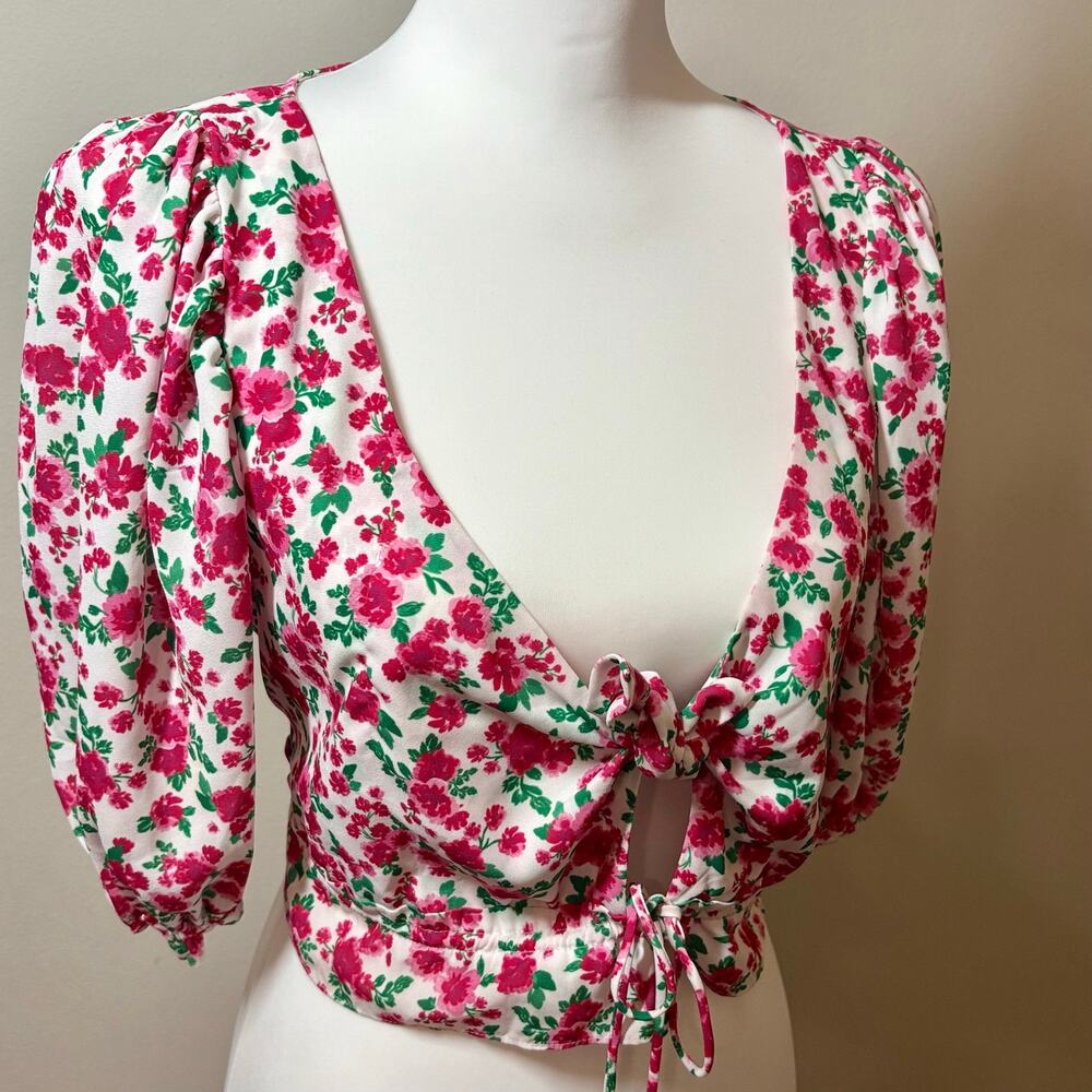 For Love & Lemons Petal Floral Tie Front Crop Top Small - Picture 4 of 9